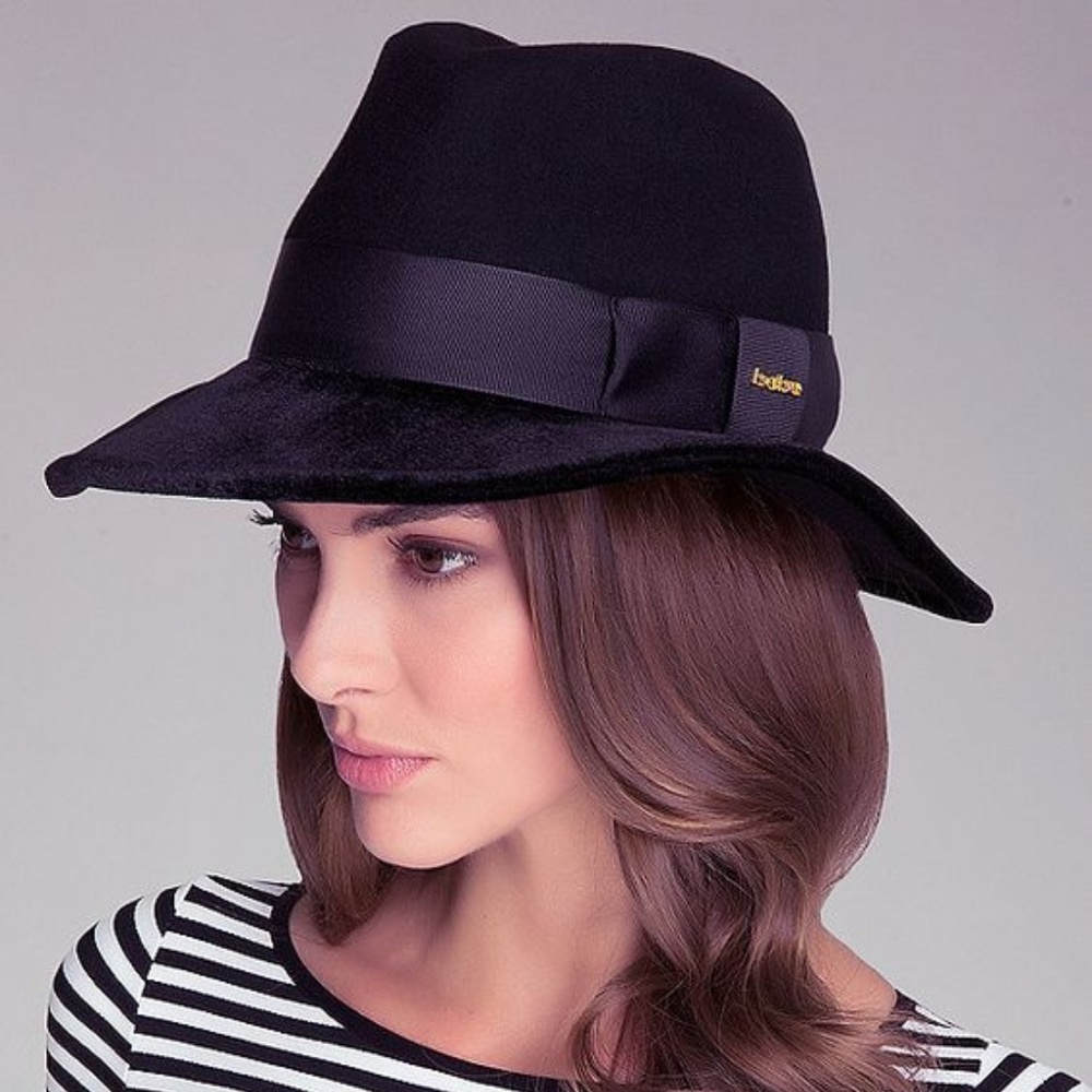 Black Gold Logo Ribbon Trim Velvet Wool Fedora Hat